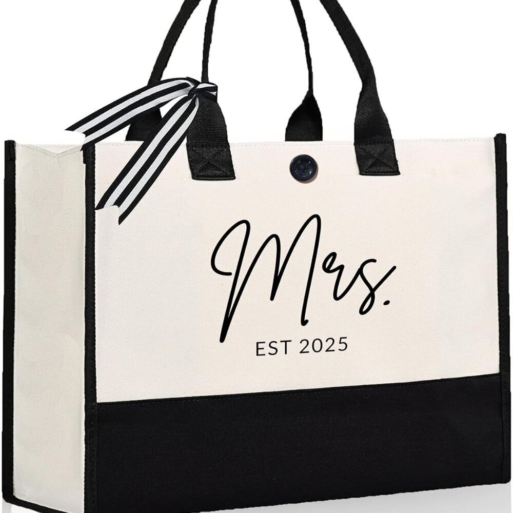 Mrs Canvas Tote Bag Large Capacity Bridal Shower Wedding Gift For Bride